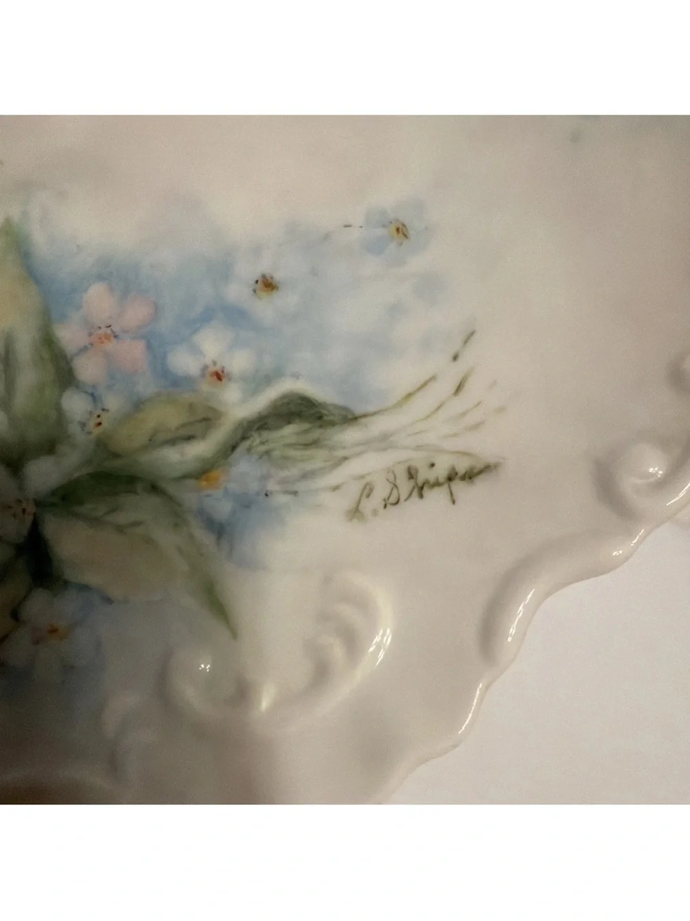 Floral Trinket Dish Handled Dish Hand Painted Artist Signed 7” Vintage